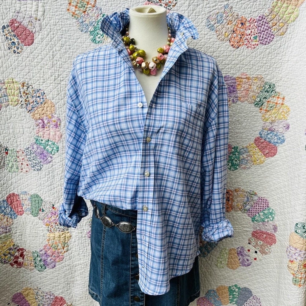 Upcycled Vinyard Vines Murray Cut Blue and Pink Check Ruffle Collar Shirt L